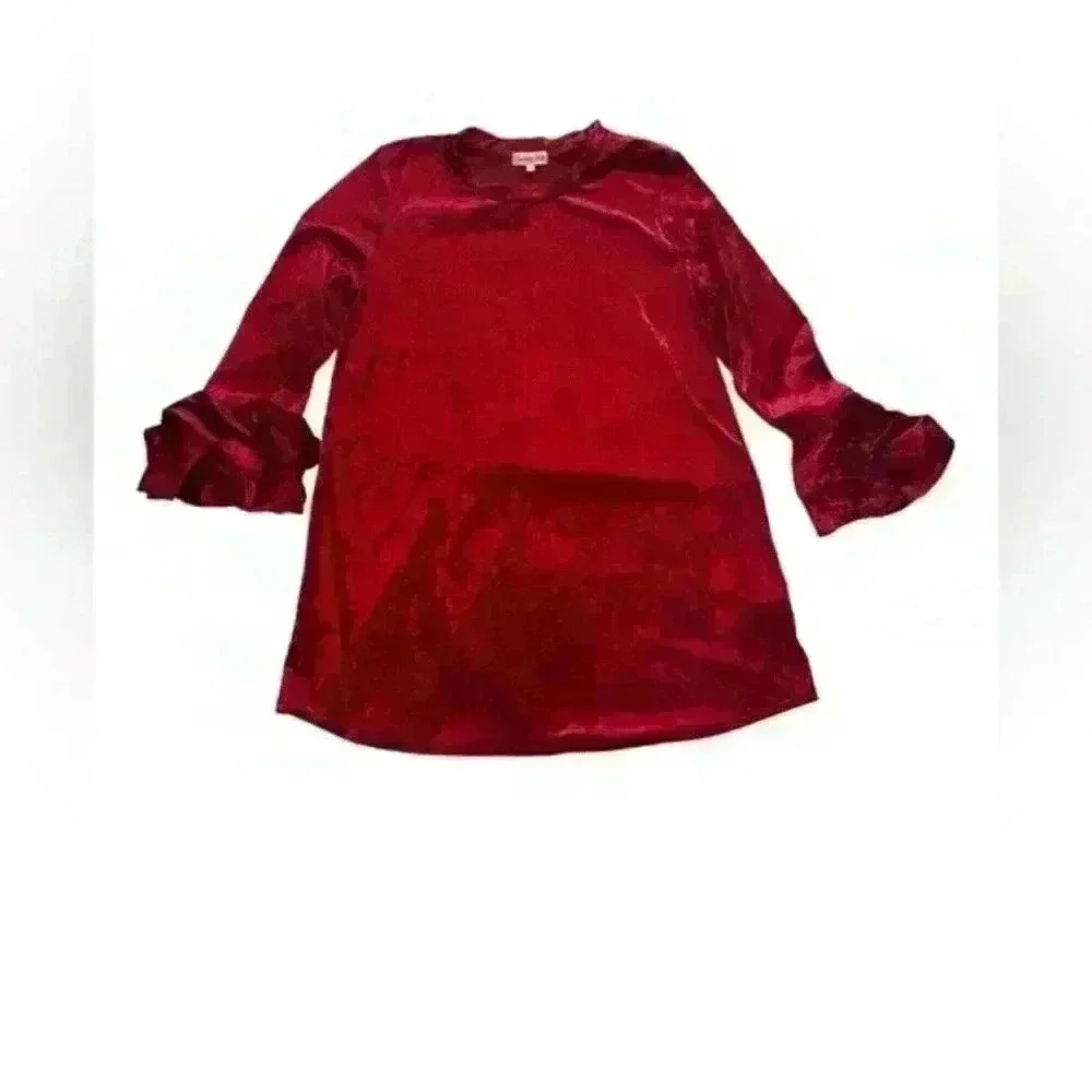 Sweet Pea Womens Large Crushed Velvet Deep Red Top Tunic Long‎ Sleeve EUC